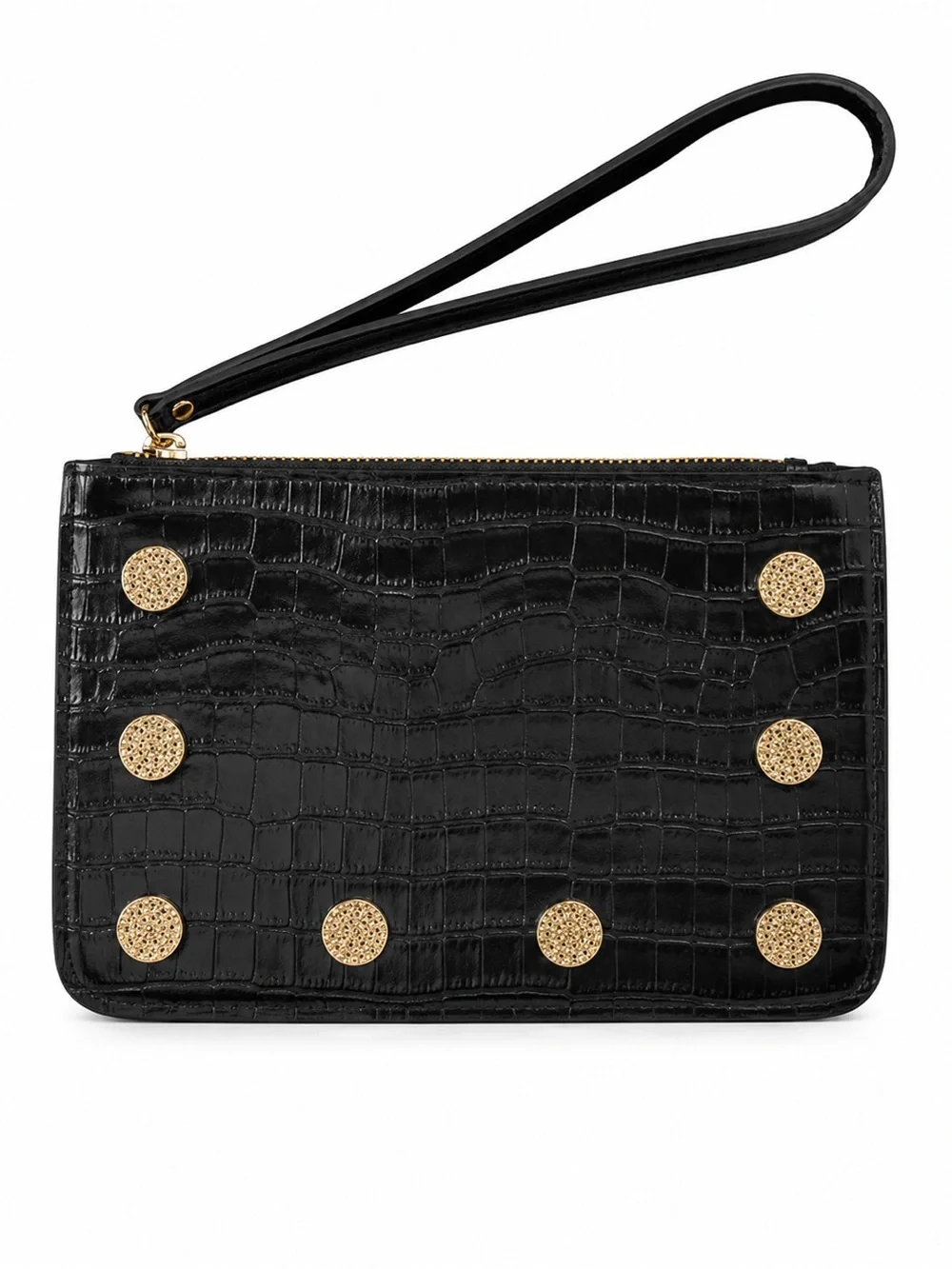 Martina Mori Made in Italy Black Croc Embossed Leather Studded Wristlet Clutch